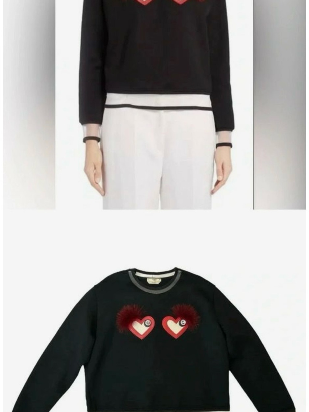 Fendi 90’s Y2K Black Beating Hearts Sweater Genuine Fox Fur Trim, Size 4